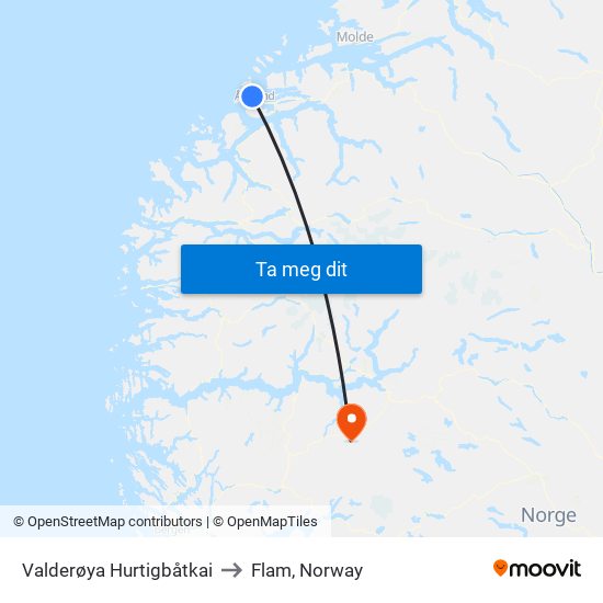 Valderøya Hurtigbåtkai to Flam, Norway map