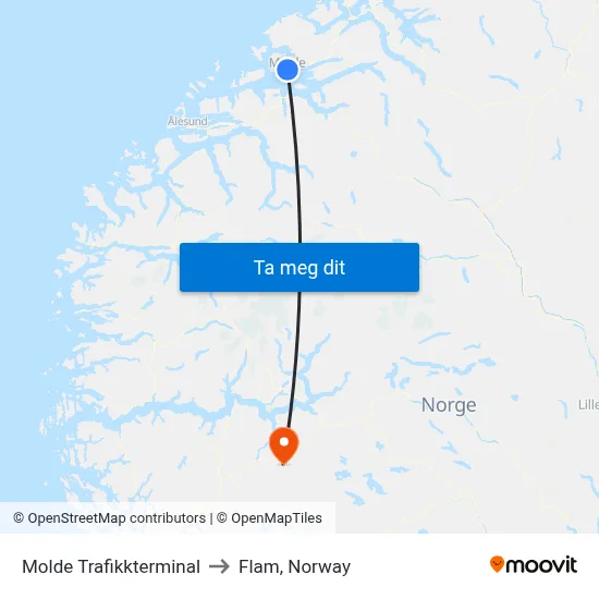 Molde Trafikkterminal to Flam, Norway map