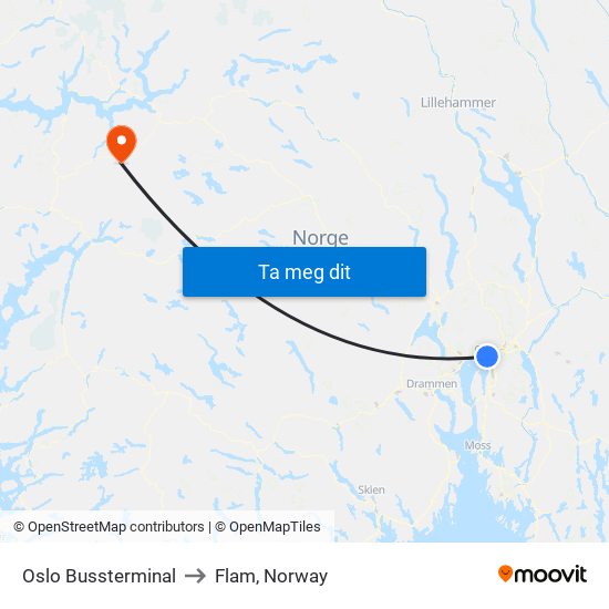 Oslo Bussterminal to Flam, Norway map