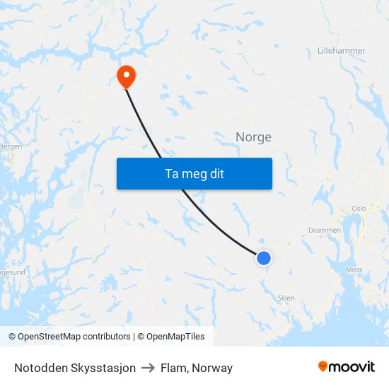 Notodden Skysstasjon to Flam, Norway map