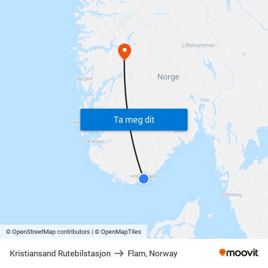 Kristiansand Rutebilstasjon to Flam, Norway map