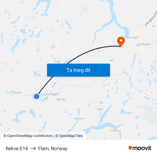 Rekve E16 to Flam, Norway map