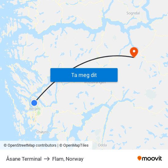 Åsane Terminal to Flam, Norway map