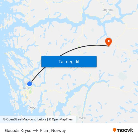 Gaupås Kryss to Flam, Norway map