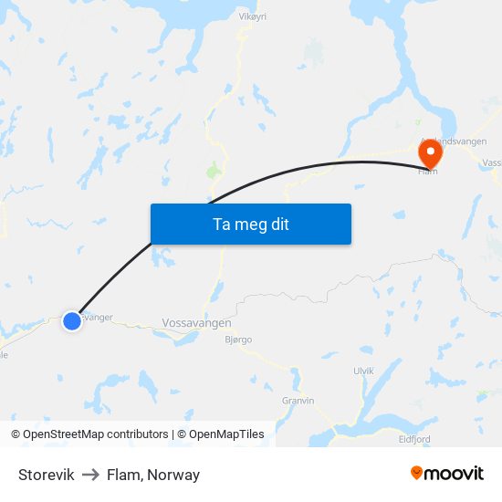Storevik to Flam, Norway map