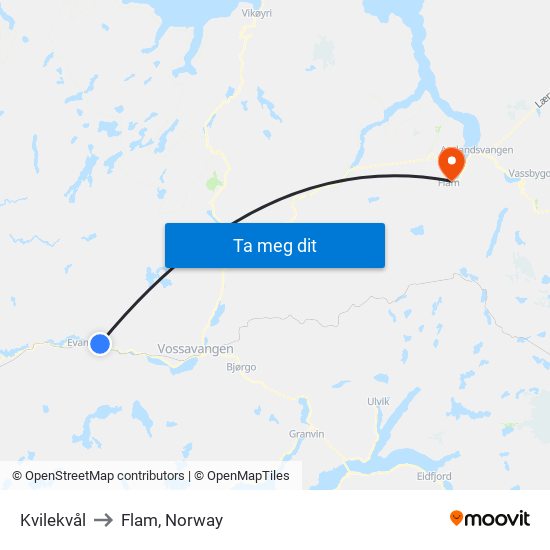 Kvilekvål to Flam, Norway map