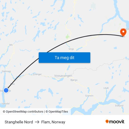 Stanghelle Nord to Flam, Norway map