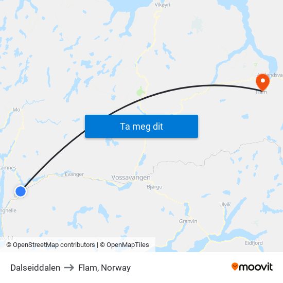 Dalseiddalen to Flam, Norway map