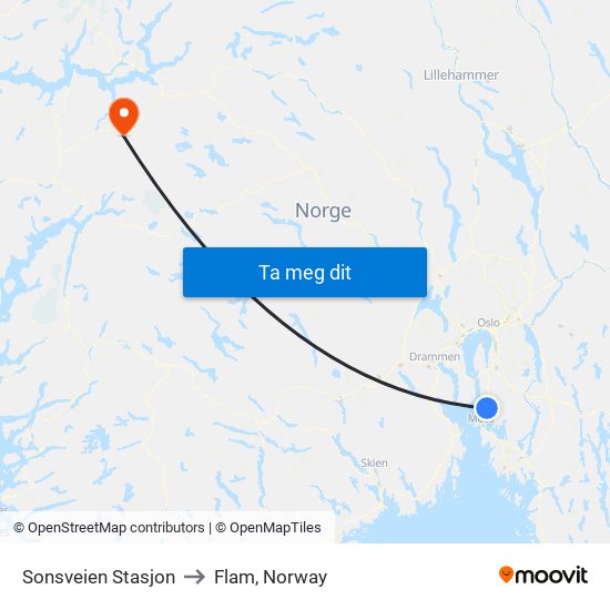 Sonsveien Stasjon to Flam, Norway map