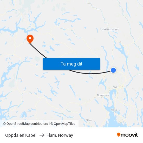 Oppdalen Kapell to Flam, Norway map