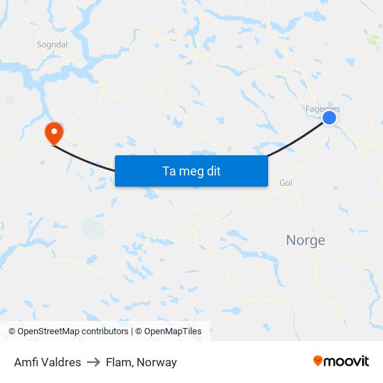 Amfi Valdres to Flam, Norway map