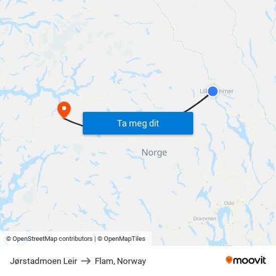 Jørstadmoen Leir to Flam, Norway map
