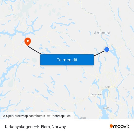 Kirkebyskogen to Flam, Norway map