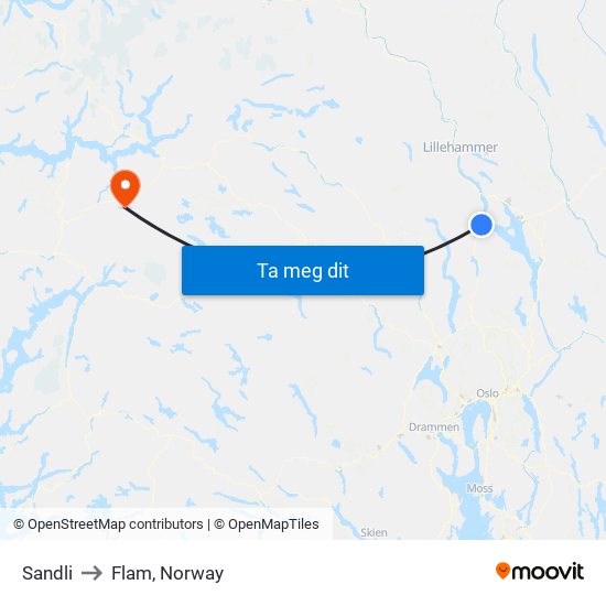 Sandli to Flam, Norway map