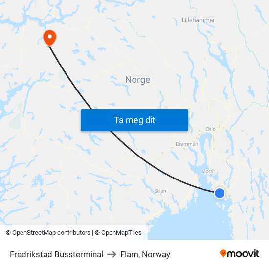 Fredrikstad Bussterminal to Flam, Norway map