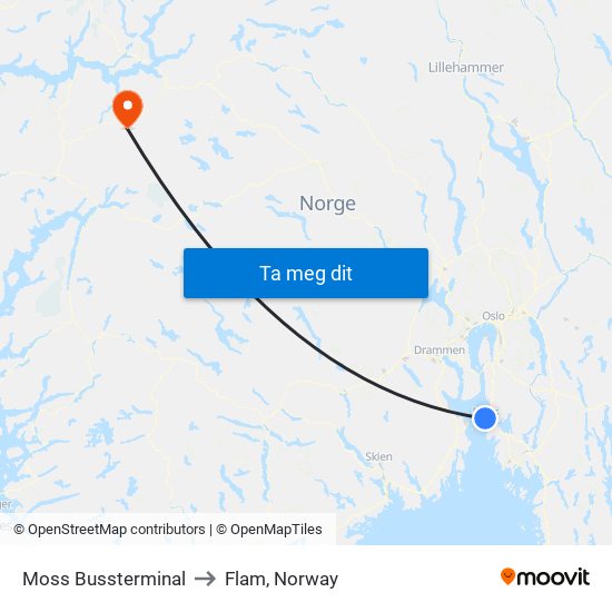 Moss Bussterminal to Flam, Norway map