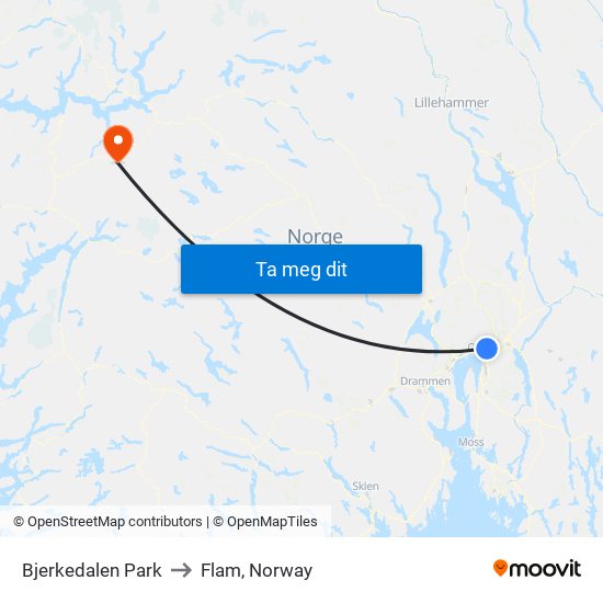 Bjerkedalen Park to Flam, Norway map