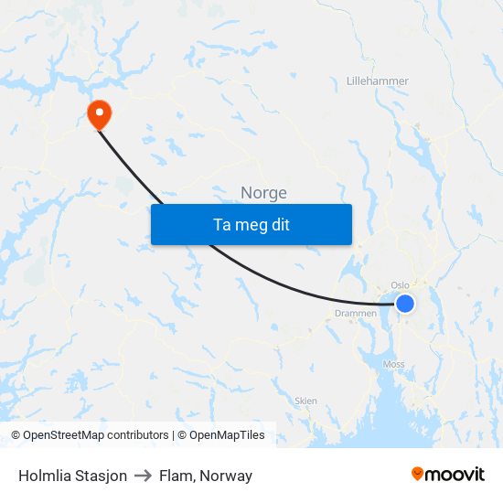 Holmlia Stasjon to Flam, Norway map