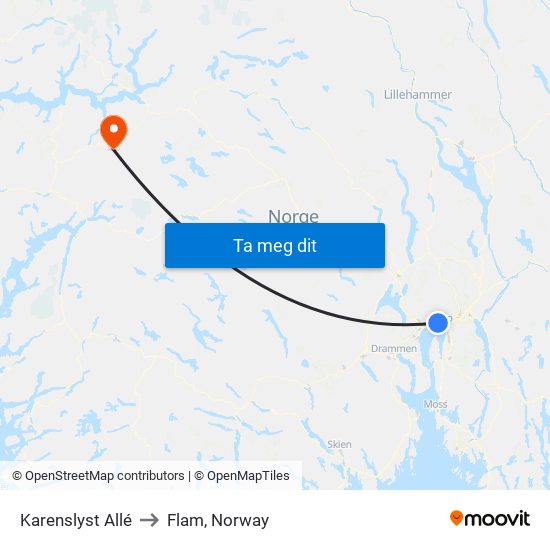 Karenslyst Allé to Flam, Norway map