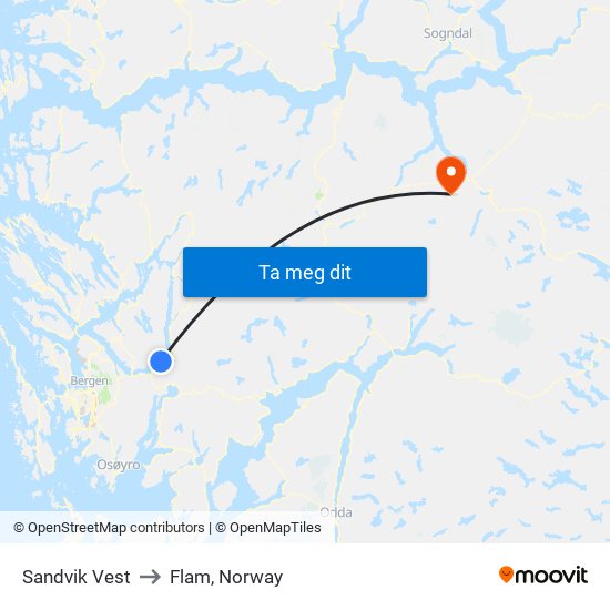 Sandvik Vest to Flam, Norway map