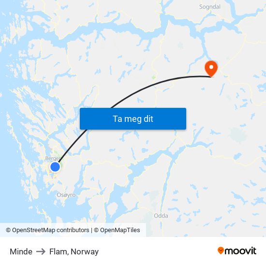 Minde to Flam, Norway map