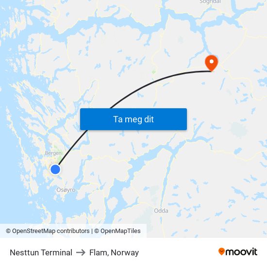 Nesttun Terminal to Flam, Norway map