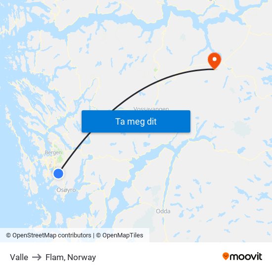 Valle to Flam, Norway map