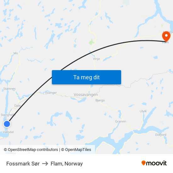 Fossmark Sør to Flam, Norway map