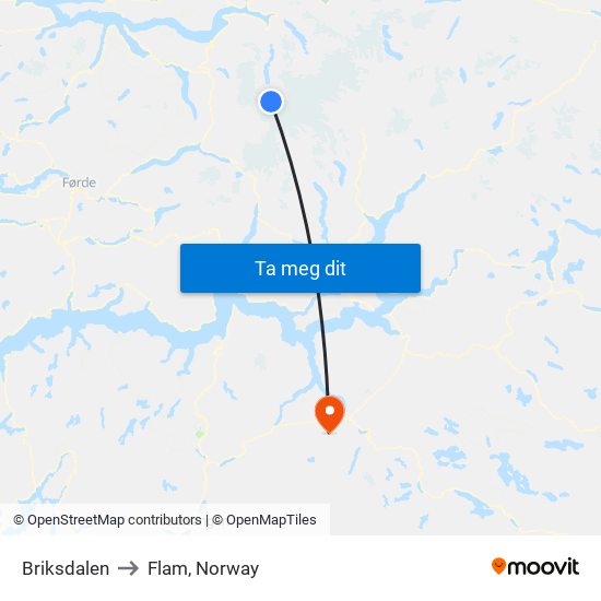Briksdalen to Flam, Norway map