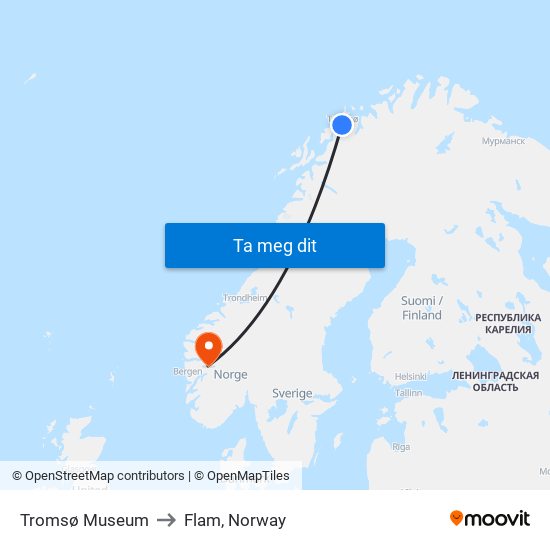 Tromsø Museum to Flam, Norway map