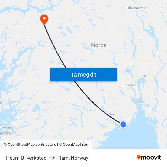Heum Bilverksted to Flam, Norway map