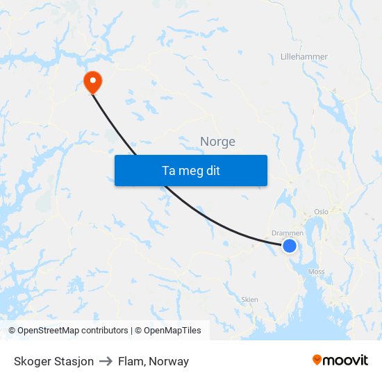 Skoger Stasjon to Flam, Norway map