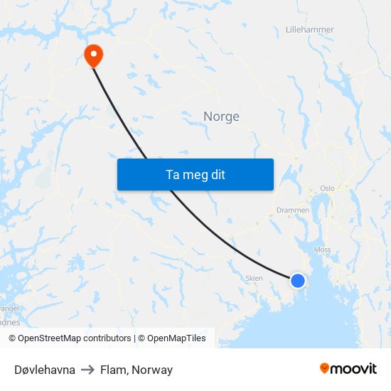 Døvlehavna to Flam, Norway map