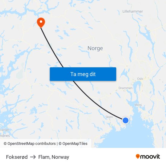 Fokserød to Flam, Norway map
