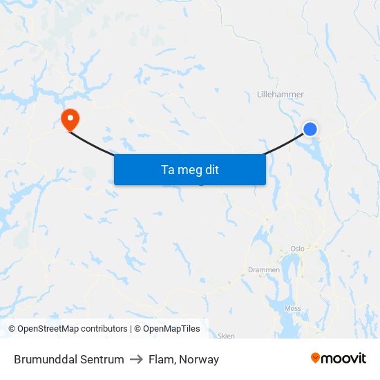 Brumunddal Sentrum to Flam, Norway map