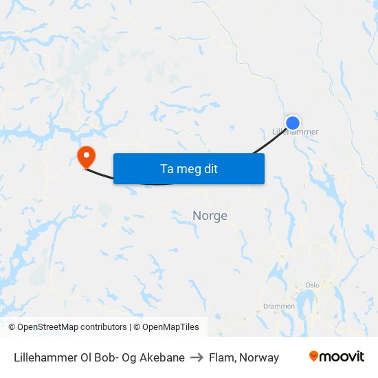 Lillehammer Ol Bob- Og Akebane to Flam, Norway map