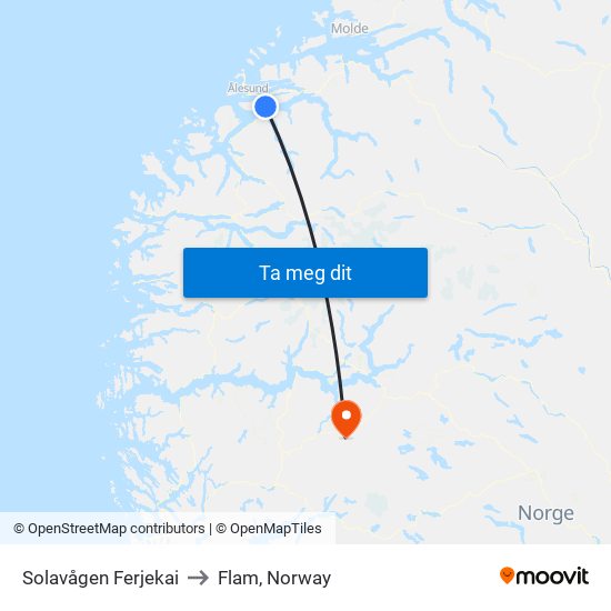 Solavågen Ferjekai to Flam, Norway map