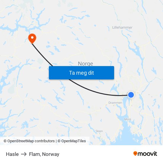 Hasle to Flam, Norway map