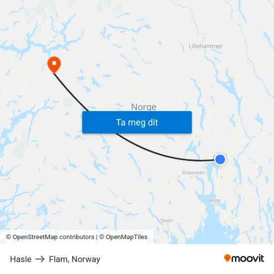 Hasle to Flam, Norway map
