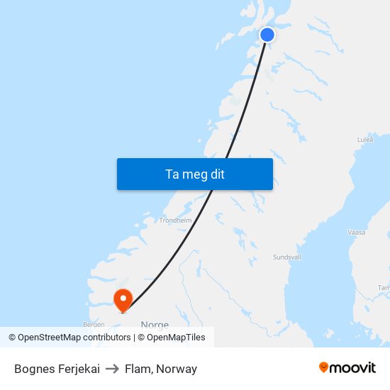 Bognes Ferjekai to Flam, Norway map