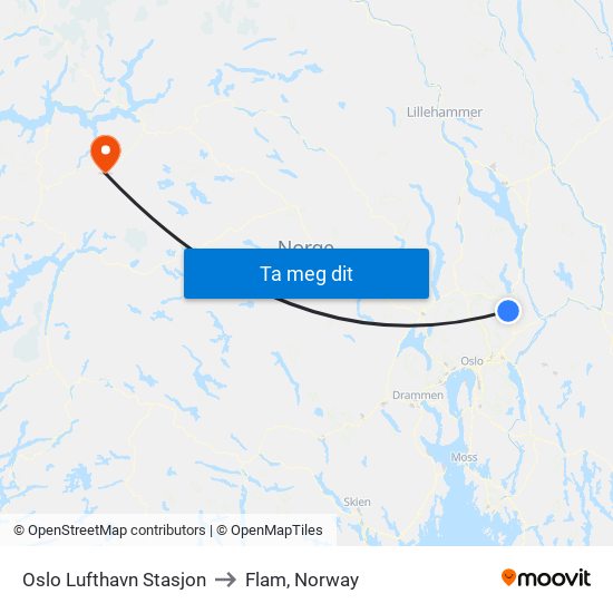 Oslo Lufthavn Stasjon to Flam, Norway map