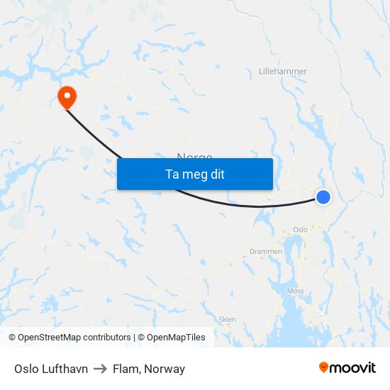 Oslo Lufthavn to Flam, Norway map