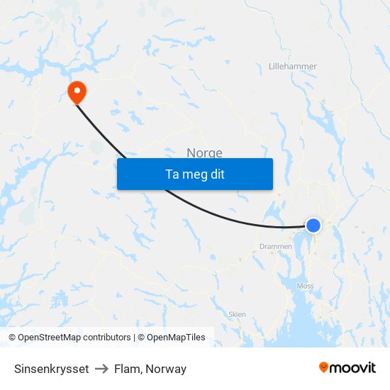 Sinsenkrysset to Flam, Norway map