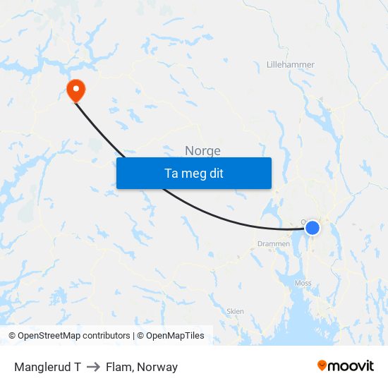 Manglerud T to Flam, Norway map