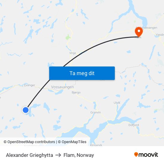 Alexander Grieghytta to Flam, Norway map