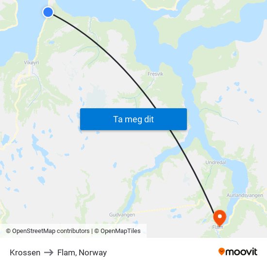 Krossen to Flam, Norway map