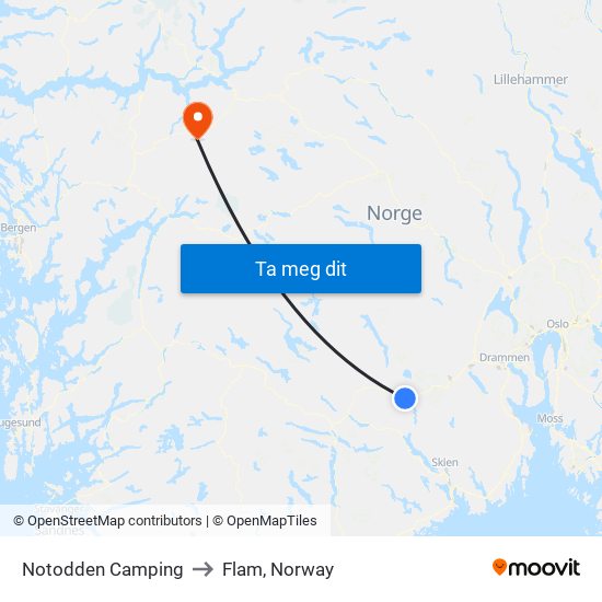 Notodden Camping to Flam, Norway map