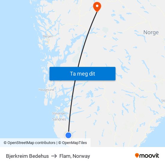 Bjerkreim Bedehus to Flam, Norway map