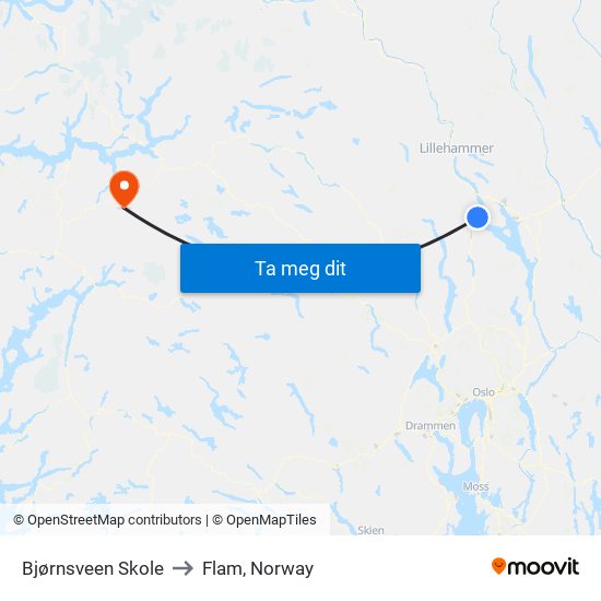 Bjørnsveen Skole to Flam, Norway map