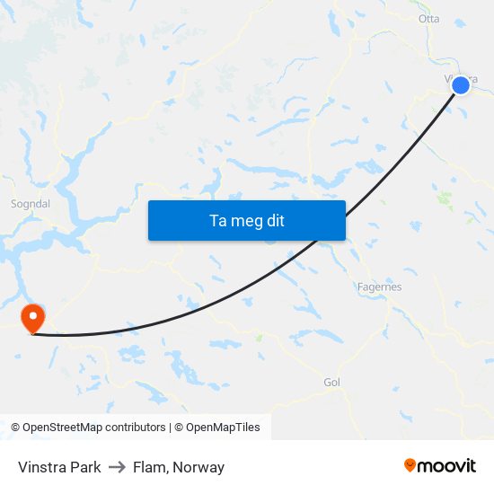 Vinstra Park to Flam, Norway map